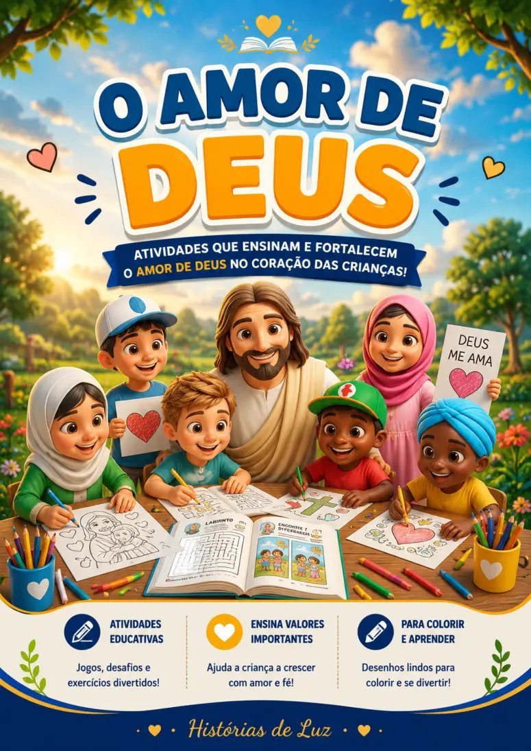 Capa do material O Amor de Deus — Histórias de Luz, com Jesus e crianças fazendo atividades
