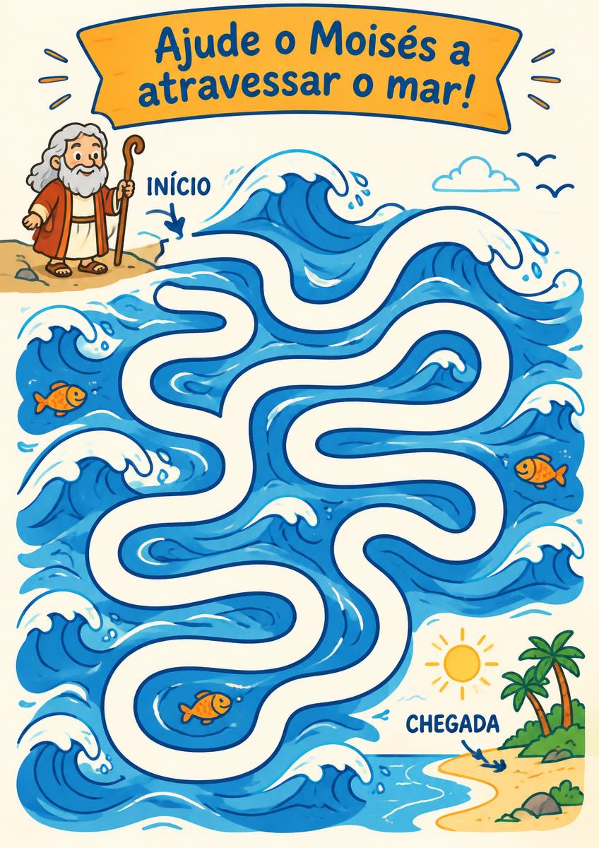 Página de labirinto: Ajude o Moisés a atravessar o mar